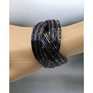 Black Iridescent Beaded Coil Bracelet Multi Strand Braided Woven Design